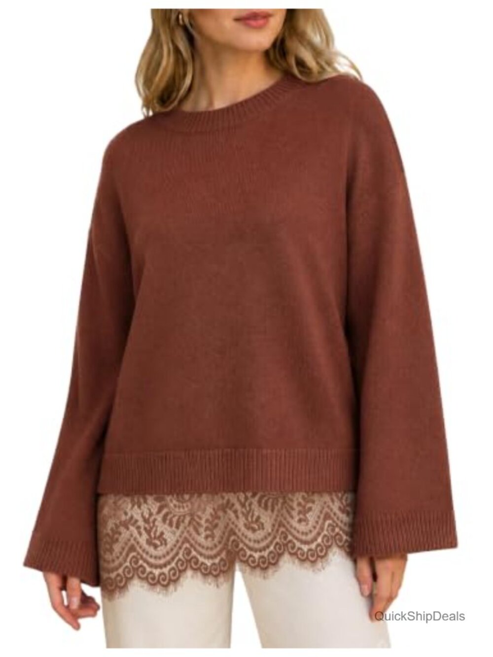 Women Lace Hem Knit Sweater Oversized Crew Neck Pullover Long Sleeve